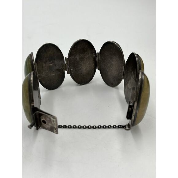 Navajo Mexico Sterling Silver Green Cabochon Domed Safety Chain Bracelet 125 gm - Picture 4 of 8